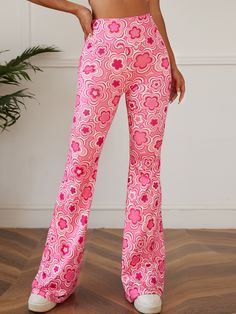 Pink Casual Collar  Polyester Floral,All Over Print Flare Leg Embellished Slight Stretch Spring/Summer/Fall Women Bottoms Bell Bottom Trousers, Flower Pants, Printed Flare Pants, High Waist Yoga Pants, Printed Wide Leg Pants, Rave Festival, High Waist Fashion, Flare Leg Pants, Bell Bottom Pants