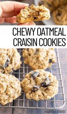 chewy oatmeal craisin cookies on a cooling rack with text overlay