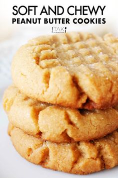 the best soft and chewy peanut butter cookies on a white plate with text overlay