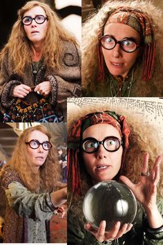 three different pictures of a woman wearing glasses and holding a glass ball in her hand