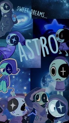 some cartoon characters are standing in front of stars and the words astro written on them