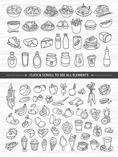 a set of hand drawn food and drinks icons