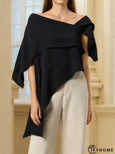 Elegant Solid Off The Shoulder Asymmetric Design Black Top Irregular Black Tops For Spring, Black Irregular Top For Spring, Black Irregular Tops For Fall, Chic Irregular Tops For Fall, Black Tops With Asymmetrical Hem, Black Asymmetrical Solid Color Tops, Casual Asymmetrical Top For Evening, Fall One-shoulder Black Top, One-shoulder Black Top For Fall