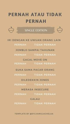 the menu for pernah atau tidakk pernah, which includes different types of