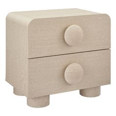 a wooden nightstand with two drawers and knobs on the front, one drawer open