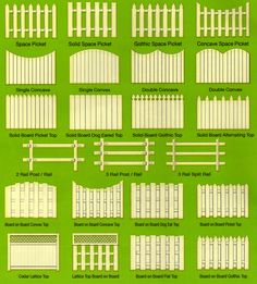 a green and white poster with various types of fences on it's sides, including picket