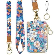 two lanyards with flowers on them, one has a keychain and the other has an id holder