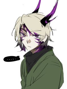 an anime character with horns on his head and purple hair, wearing a green coat