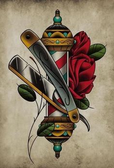 a knife and rose tattoo design on an old - fashioned paper background with the word love