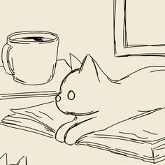 a drawing of a cat laying down next to a cup of coffee