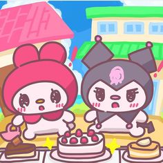 two cartoon characters are standing in front of a cake