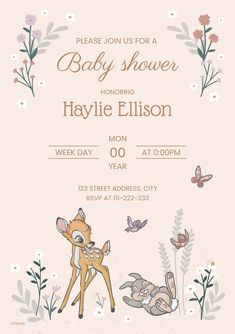 a baby shower is shown with deers and flowers in the foreground, on a pink background