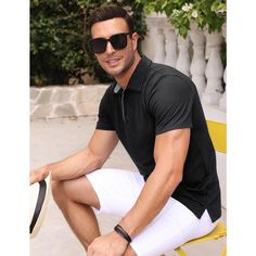 【Performance Material】: 35%Rayon, 65%Polyester. Lightweight, breathable, quick-dry and moisture wicking fabric.The men polo shirt keep you cool and fresh all day. 【Design】: 3 buttons under the turndown collar, simple and neat, decorating the neckline. Split hem ensures you with maximum comfy and move well when playing golf, tennis or any vigorous exercises. 【Match】: Highly versatile, with the ability to be dressed up with slacks and brogues for the office or down with jeans and sneakers. 【Occasi Summer Sports Polo Shirt With Short Sleeves, Summer Short Sleeve Moisture-wicking Polo Shirt, 4-way Stretch Short Sleeve Polo Shirt For Summer, Functional Black Polo Shirt With Moisture-wicking, Summer Collared Polo Shirt With Moisture-wicking, Black Casual Polo Shirt For Sports Season, Black Polo Shirt For Golf, Athleisure Moisture-wicking Short Sleeve Polo Shirt, Functional Short Sleeve Polo Shirt For Outdoor