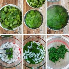 the process of making spinach salad is shown here