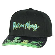 This is an Rick And Morty hat. This Rick and Morty baseball cap is great for any fan of the highly offensive yet hilarious cartoon! Each of these Rick and Morty hats showcases a raised embroidered Rick and Mort logo on the front of the crown. The pre-curved bill has a detailed character pattern of Rick and Morty standing in a portal, ready to go do some damage somewhere in the universe! The Rick and Morty hat has an adjustable snapback closure for a tremendous one-size-fits-most design. Make thi Hip Hop Curved Bill Snapback For Baseball Season, Hip Hop Style Baseball Cap With Curved Brim, Hip Hop Hat With Curved Bill, Hip Hop Style Snapback Hat For Baseball Season, Hip Hop Curved Brim Hat For Baseball Season, Hip Hop Style Curved Brim Hat For Baseball Season, Hip Hop Hat With Curved Visor For Baseball Season, Adjustable Hip Hop Fitted Hat With Letter Print, Adjustable Hip Hop Hat With Letter Print