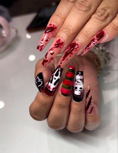 Halloween Nail inspo by Madnails in New Orleans #fallnails #halloween #nailsart #horror #fallnaildesigns #naildesign #nailinspiration Creepy Acrylic Nails, Killer Nails Halloween, Elm Street Nails, Michael Myers Nails Acrylic, Saw Nails, Horror Nail Art, Horror Movie Nails, Scary Nail Art, Scary Nails