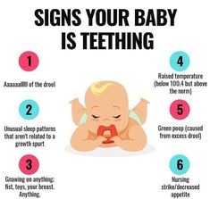 a baby is sitting down with the words signs your baby is teething on it