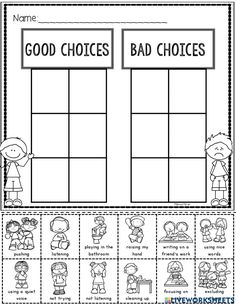 the good choices worksheet is shown in black and white, with an image of children