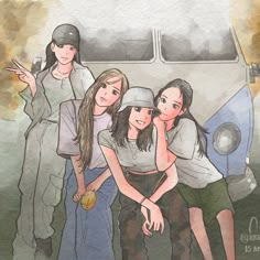 three girls standing next to each other in front of a van