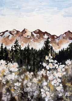 a painting of flowers and mountains in the background