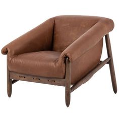 a brown leather chair sitting on top of a wooden frame