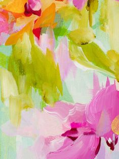 an abstract painting of pink and yellow flowers