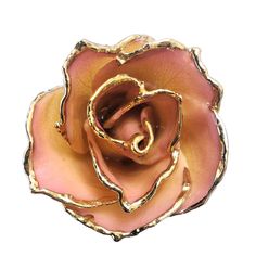 a pink rose with gold leaves on it