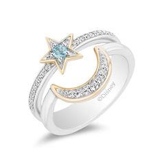 Disney Jasmine Inspired Diamond & Swiss Blue Topaz Star & Moon Ring in Sterling Silver and 10K Yellow Gold 1/6 CTTW View 1 Jasmine Star, Unique Diamond Rings, Moon Ring, Earrings Inspiration, Gold Moon