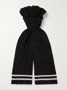 DESIGNED BY MR PORTER. The materials used for Mr P.'s collections are always carefully considered. This Donegal scarf is rib-knitted from thick merino wool, blended with just a touch of wool to enhance the warm, cosy feel. The stripes at the end give it a fresh, collegiate feel. Black Scarves, Scarf For Men, Mr P, Black Scarf, Scarf Design, Scarf Men, Wool Scarf, Mr Porter, Scarf Print