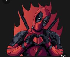 the deadpool character is wearing a red and black costume with flames behind him,