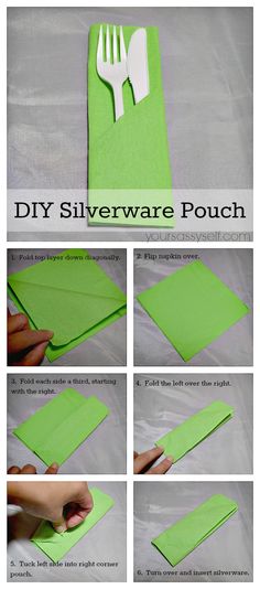 how to make a diy silverware pouch with green paper and white utensils