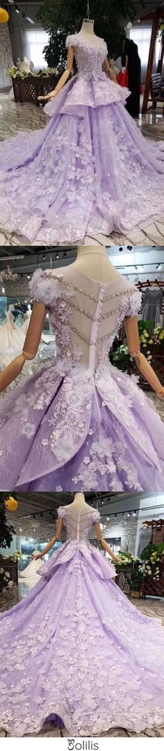 Lilac Ball Gown Short Sleeve Prom Dresses with Flowers Gorgeous Quinceanera Dress JS968