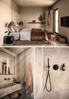 two pictures of a bedroom and bathroom with the same room in different photos, one is white