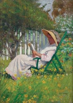 a painting of a woman sitting on a lawn chair in the grass reading a book