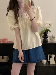 Cherries Embroidery Square Collar Blouse Shirt – Tomscloth Embroidered Short Sleeve Solid Tops, Embroidered Solid Color Short Sleeve Tops, Embroidered Short Sleeve Tops, Cherries Embroidery, Embroidery Square, Collar Embroidery, Blouse Shirt, Collared Shirt, Collar Blouse