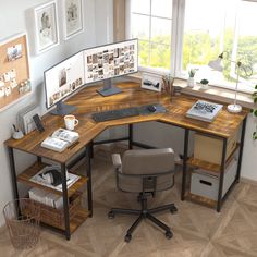 an office desk with two computer screens on it