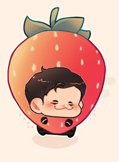 a drawing of a boy with a big strawberry on his head and the bottom half of his face peeking out