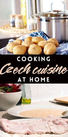 the words cooking czech cuisine at home are overlaid by images of potatoes and meat