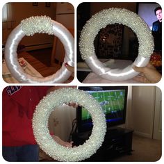 three pictures of a person holding a white wreath with pearls on it, and another photo of a man standing in front of a television