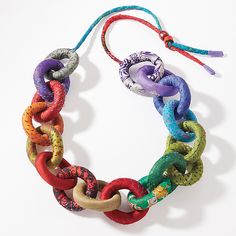 Rainbow Chain Necklace by Mieko Mintz (Silk Necklace) | Artful Home Mieko Mintz, Felt Jewellery, Fiber Necklace, Fiber Art Jewelry, Silk Necklace, Big Ring, Fiber Jewelry, Starfish Necklace, Fabric Necklace