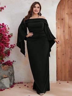 Formal Off-shoulder Maxi Dress With Draped Sleeves, Elegant Off-shoulder Maxi Dress For Dinner, Evening Ruched Off Shoulder Maxi Dress, Evening Ruched Off-shoulder Maxi Dress, Ruched Off Shoulder Maxi Dress For Evening, Ruched Off-shoulder Maxi Dress For Evening, Elegant Off Shoulder Maxi Dress For Banquets, Elegant Maxi Length Off Shoulder Dress For Banquet, Split Sleeve Dress