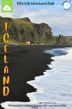 an image of a black beach with the words iceland on it's back ground