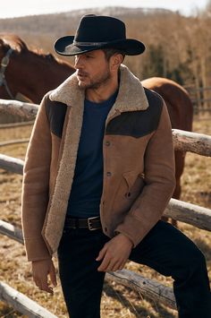 Inspired by ranch living, our Mustang curly sheepskin jacket has all the hallmarks of fine western tailoring. Contrasting lambskin leather yoke, scalloped pockets, and cutaway front add to the authenticity of this jacket, making it a trusted companion that will always keep you warm, whether you happen to be on horseback or walking along a country trail. Men Artist, Fitted Sheepskin Outerwear For Fall, Winter Rodeo Outerwear With Pockets, Winter Outerwear With Pockets For Rodeo, Fitted Western Brown Outerwear, Brown Leather Outerwear For Ranch, Fitted Brown Western Outerwear, Fall Ranch Outerwear With Pockets, Western Brown Rodeo Outerwear