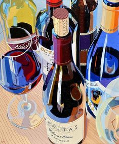 a painting of wine bottles and glasses on a wooden table next to each other,