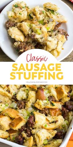 sausage stuffing in a casserole dish with text overlay that reads classic sausage stuffing