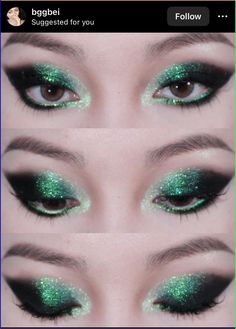 Dark Green Sparkly Makeup, Descendants Makeup Ideas, Green Holiday Makeup, Jewel Tone Makeup Looks, Moth Eye Makeup, Green Sparkly Makeup, Green Lipstick Looks, Green Alt Makeup, Green And Silver Makeup