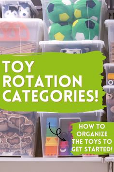 bins of toys for toy rotation. Text overlay reads "toy rotation categories! How to organize the toys to get started!" How To Organise Toys, Tot Organization Ideas, Toy Sorting Organization, Toddler Toy Room Organization, Toy Sorting Ideas, Best Toy Organization For Kids, Playroom Organization Categories, Toy Bins Storage For Kids, Toy Storage Categories