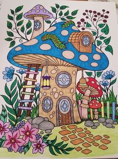 a drawing of a mushroom house surrounded by flowers