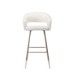 a white bar stool with chrome legs and an upholstered seat on a white background