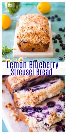 lemon blueberry streuse bread is cut into slices